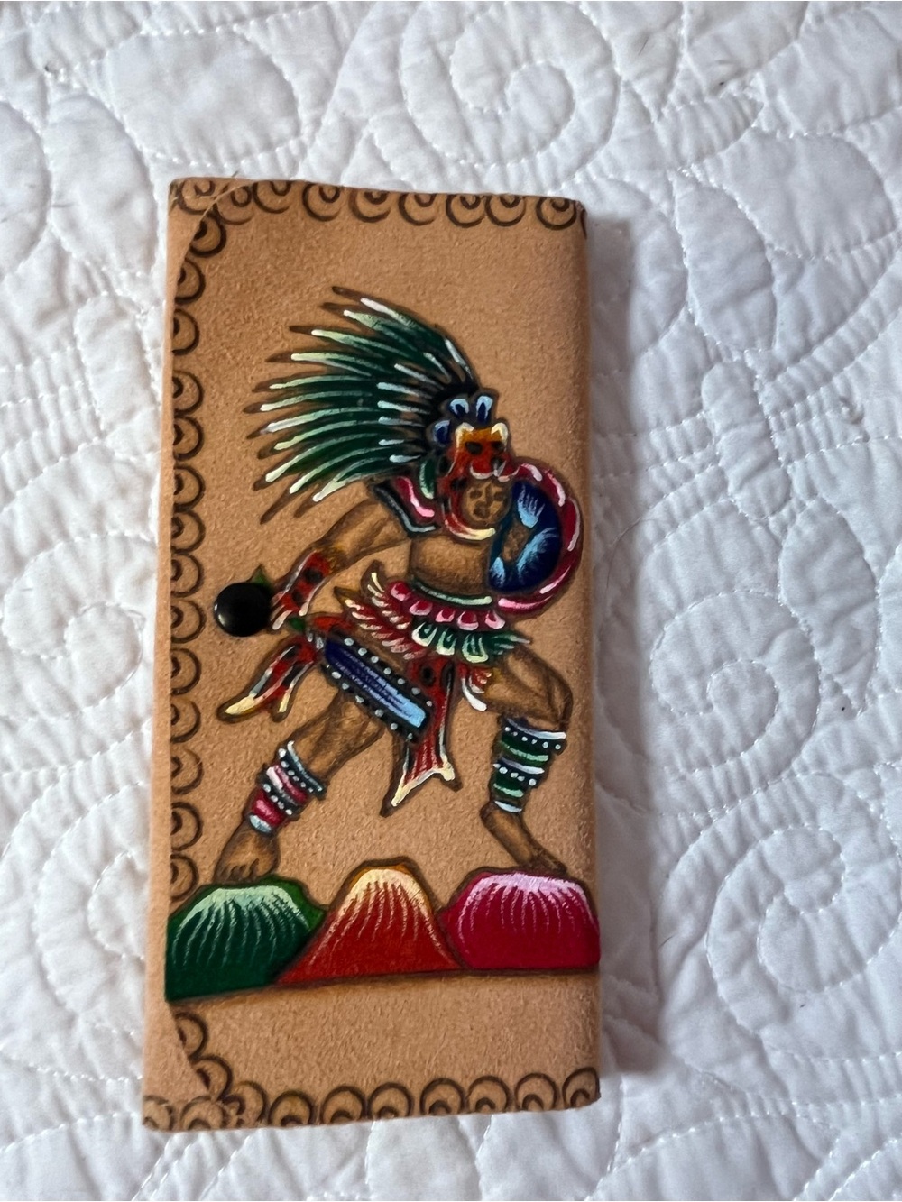 Hand-Painted Leather Wallet with Vibrant Aztec Dancer